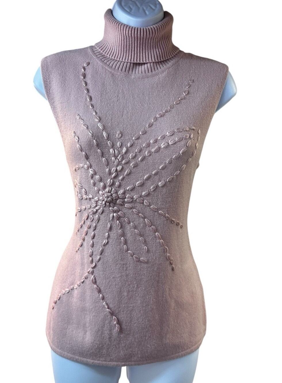 Vintage Georgiou Studio Sleeveless Mock Neck Knit Top Embroidered Pink Stretch L